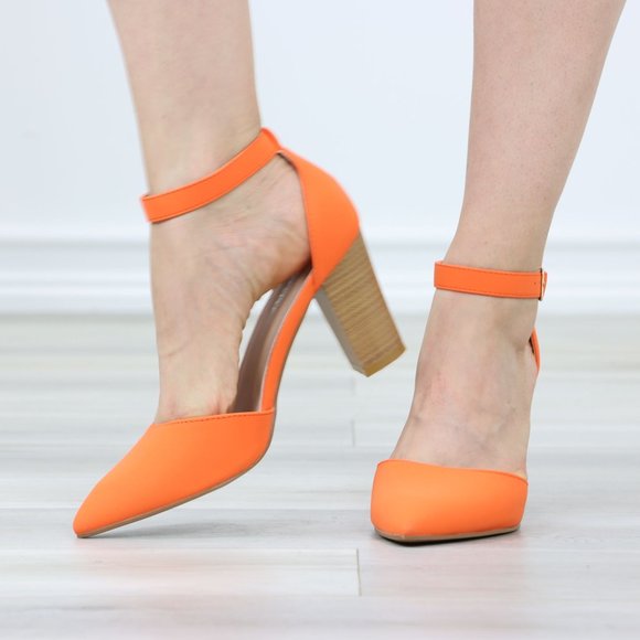 Pointed Toe Block Heel High Heel Stiletto Shoes Orange Nubuck - Picture 11 of 13